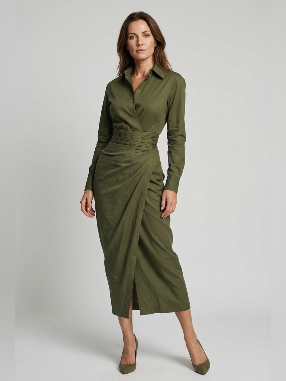 Modesees Women's Army Green Cotton Blended Maxi Dress - Size XL